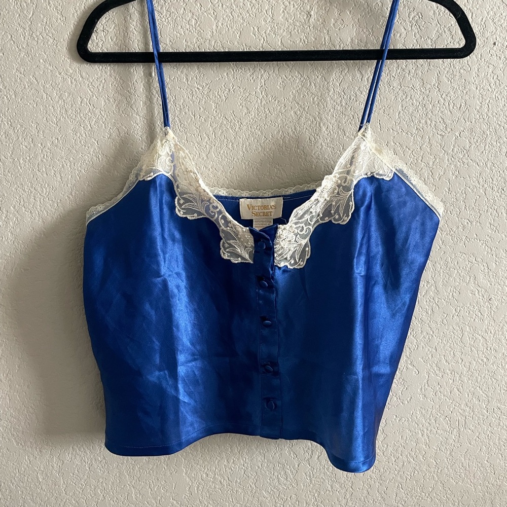 Vintage Victoria's Secret Royal Blue Satin top with White Lace and pearl beading